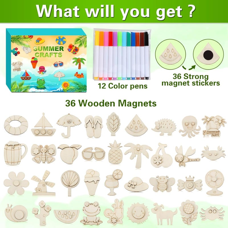 Worgree Summer Crafts for Kids, 36 Pcs DIY Wooden Magnets Art Craft Supplies Painting Kit for Boys Girls Ages 4-8 8-12 Birthday Party Gifts Summer Activities School Classroom Prizes - Image 2